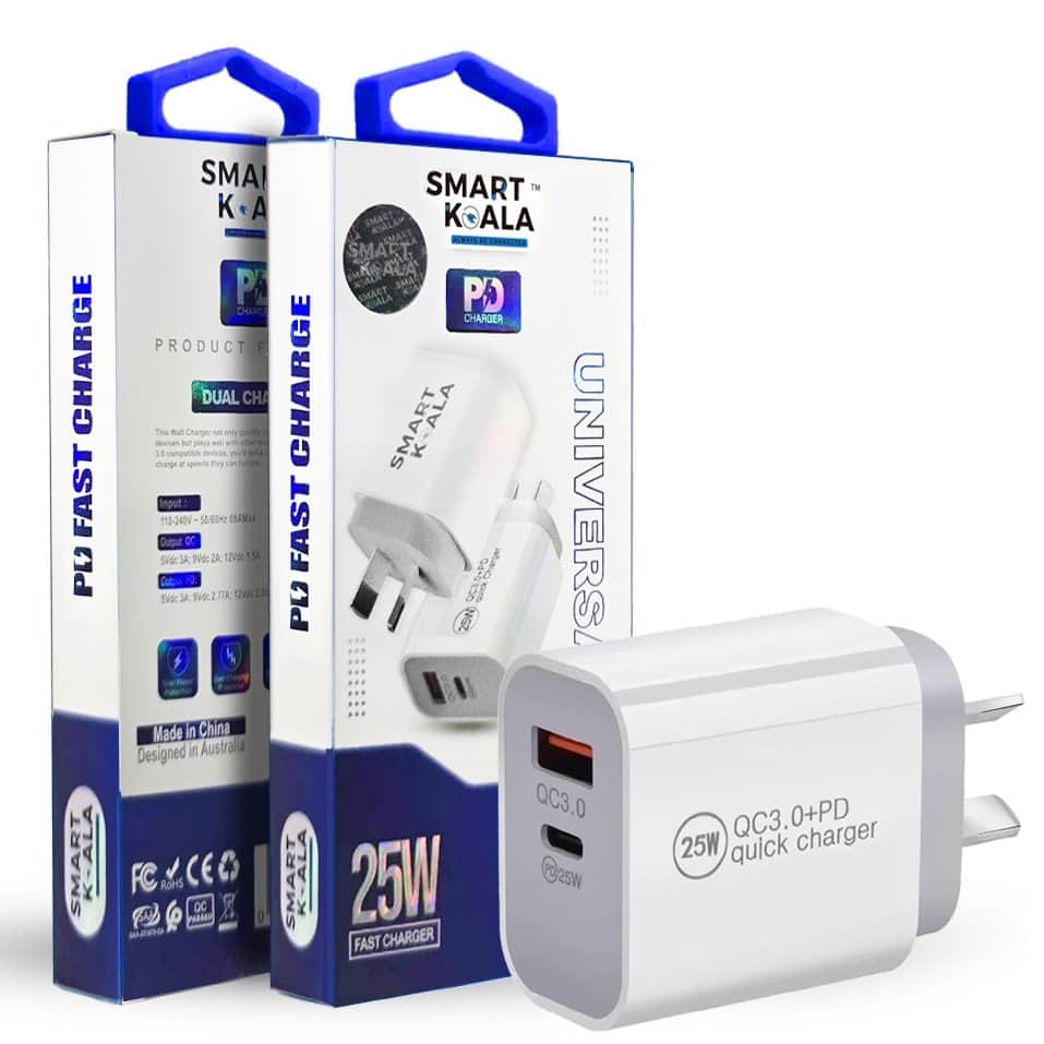 Smart Koala 25W PD Type C + USB A QC3.0 Dual Charger SAA Certified Fast Charging Charger Wall Plug Power Adapter Smart Koala 25W PD Type C + USB A QC3.0 Dual Charger SAA Certified Fast Charging Charger Wall Plug Power Adapter